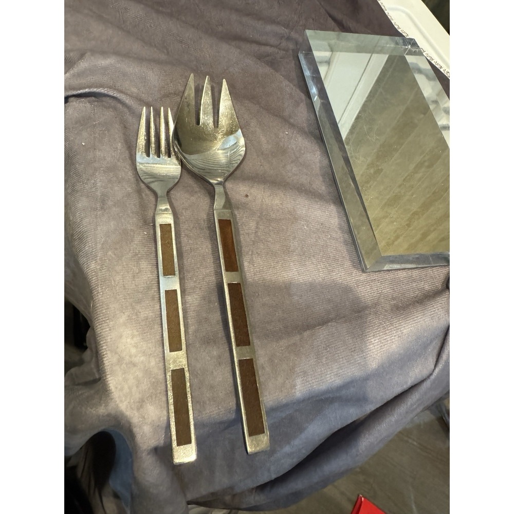 VTG MCM Flatware Brown Stainless Steel Japan Mid-Century 2 Pieces Silver Wood